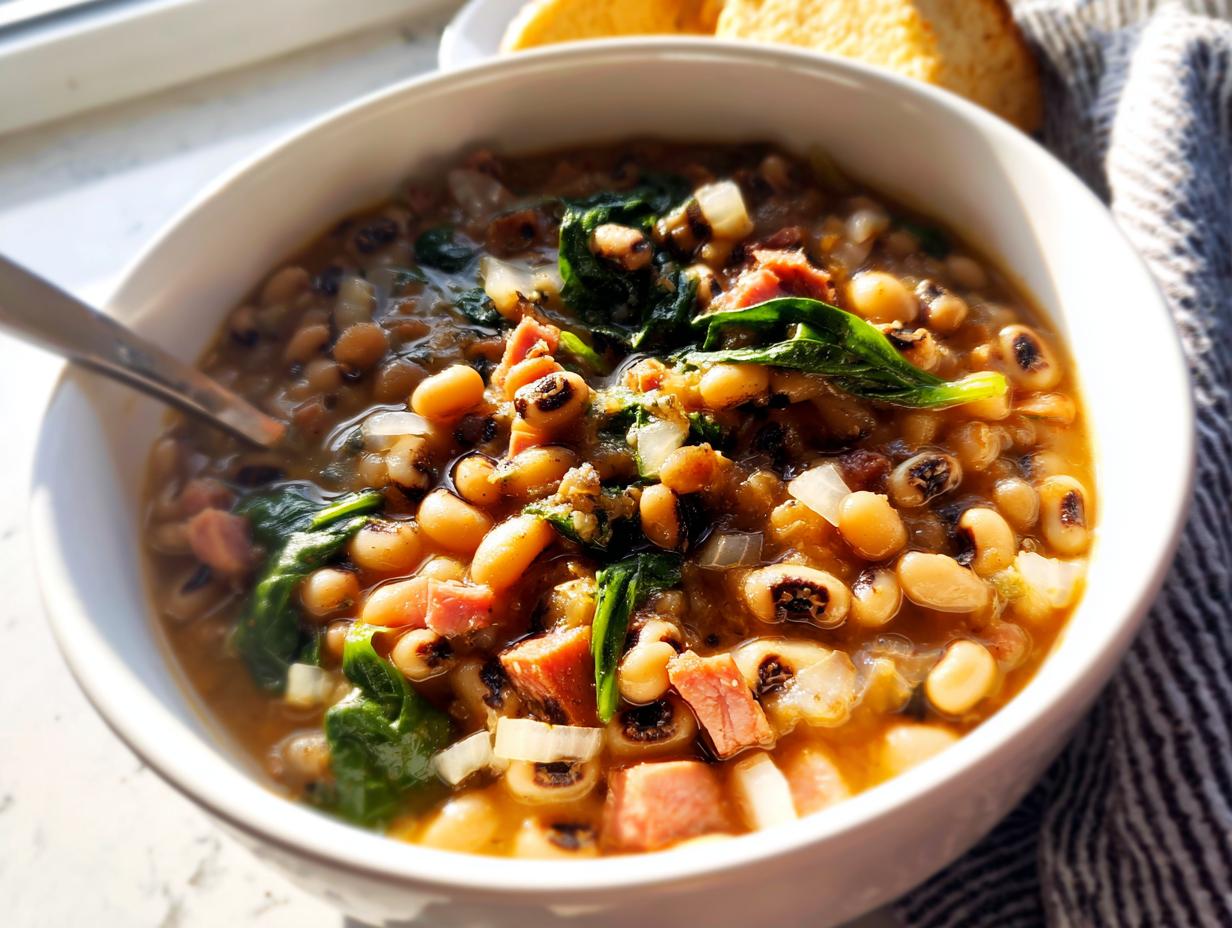 A close-up of a bowl of hearty black-eyed pea soup with spinach and ham, perfect for The Ultimate Soup Recipes Guide for Beginners.