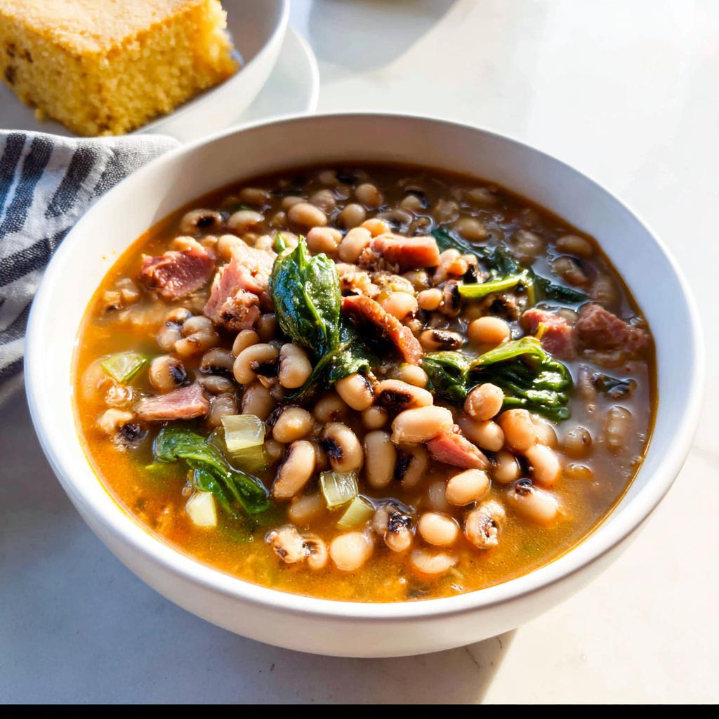 A hearty bowl of black-eyed peas soup with ham and greens, served with cornbread, perfect for beginner soup recipes.