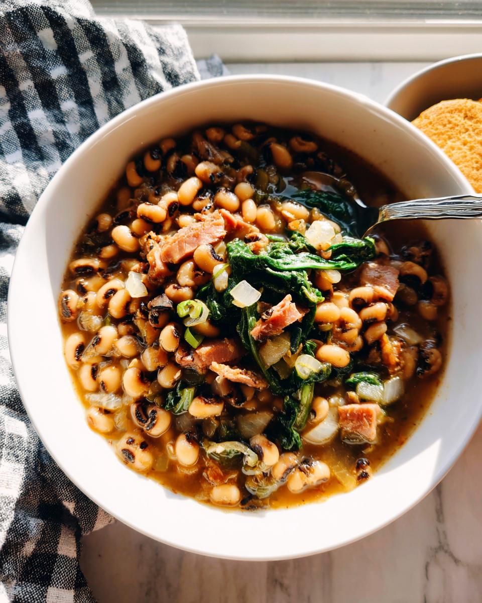 A hearty bowl of black-eyed peas soup with ham and spinach, part of The Ultimate Soup Recipes Guide for Beginners.