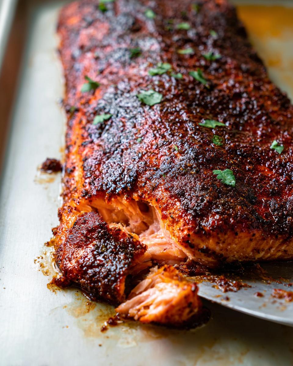 Close-up of a perfectly cooked, blackened salmon fillet being flaked apart on a baking sheet, illustrating how to make salmon recipes.