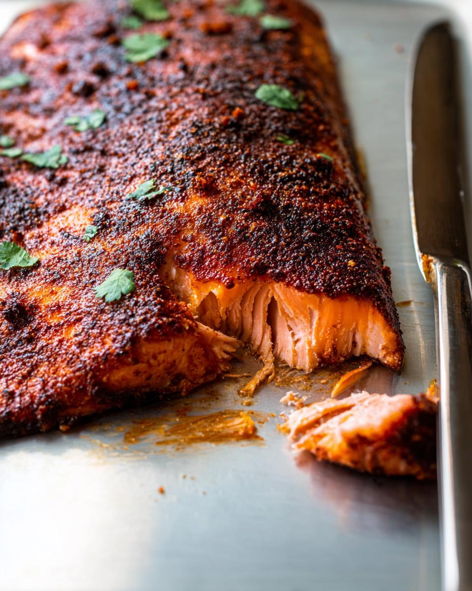 Close-up of a blackened, spice-rubbed salmon fillet being flaked apart, illustrating how to make salmon recipes like a pro.