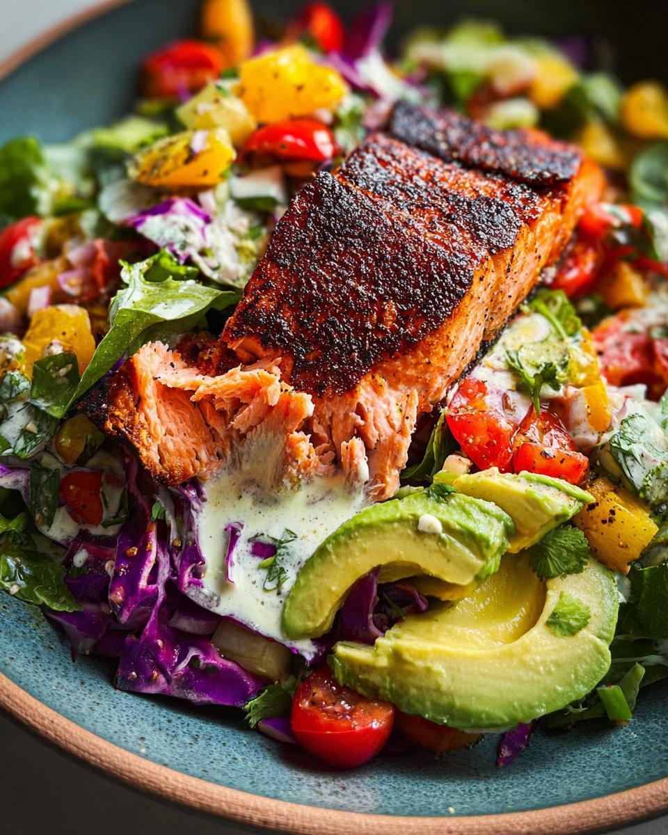 Close-up of a perfectly cooked piece of blackened salmon served over a vibrant salad with avocado slices.
