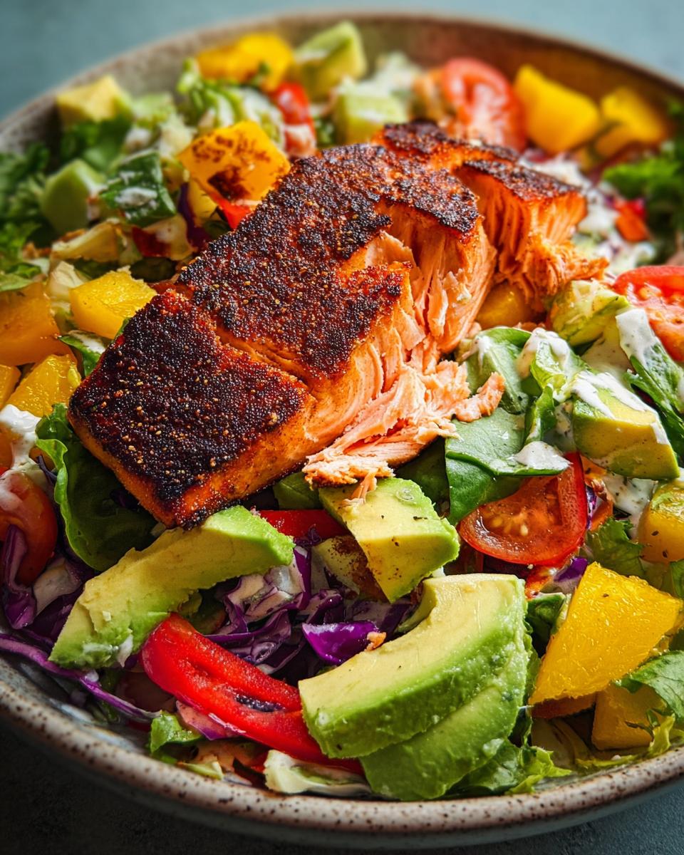 Close-up of a blackened salmon fillet atop a vibrant salad with avocado, mango, and red cabbage, perfect for salmon recipes in 15 minutes.
