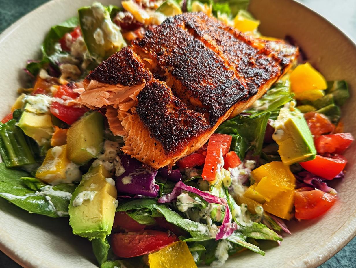 Close-up of a blackened salmon fillet atop a fresh salad with avocado, tomatoes, and creamy dressing, perfect for Salmon Recipes in 15 Minutes.