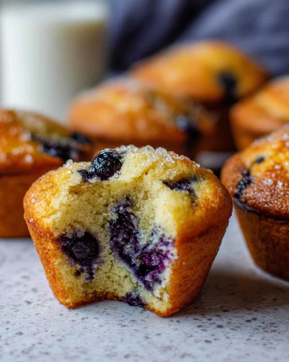 Close-up of a blueberry muffin with a bite taken out, showing moist interior and sugar topping, part of several Cake Ideas Recipes Meal Prep.