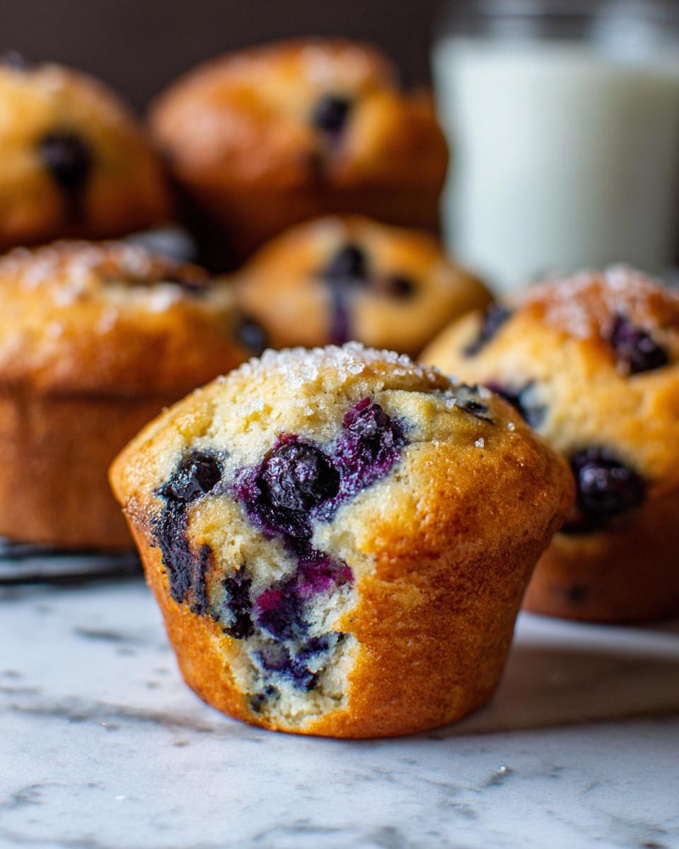 Close-up of a golden blueberry muffin with a sugar topping, ideal for Cake Ideas Recipes Meal Prep.
