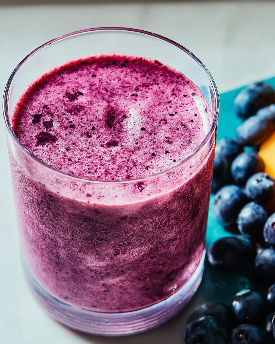 Close-up of a vibrant purple blueberry smoothie in a glass, next to fresh blueberries.