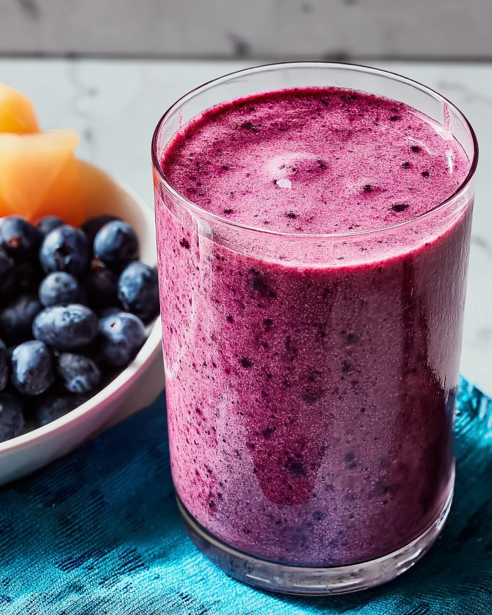 Close-up of a vibrant purple blueberry smoothie, next to a bowl of fresh blueberries and melon slices, perfect for breakfast ideas recipes.