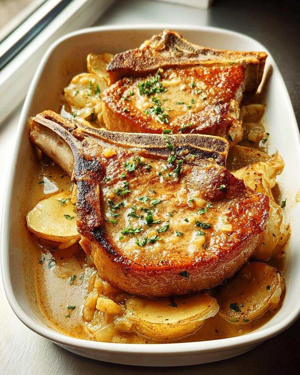 Two thick, bone-in pork chops smothered in a creamy sauce and served over sliced potatoes, a great idea for pork chops recipes.