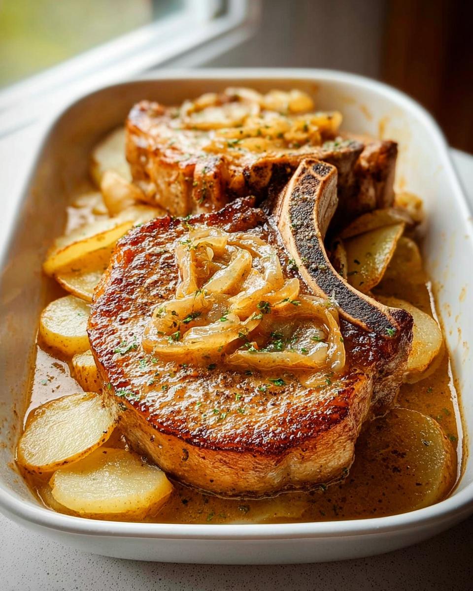 Two thick, seared bone-in pork chops served over sliced potatoes in a savory sauce, a perfect example of 25 Genius Pork Chops Recipes Ideas.