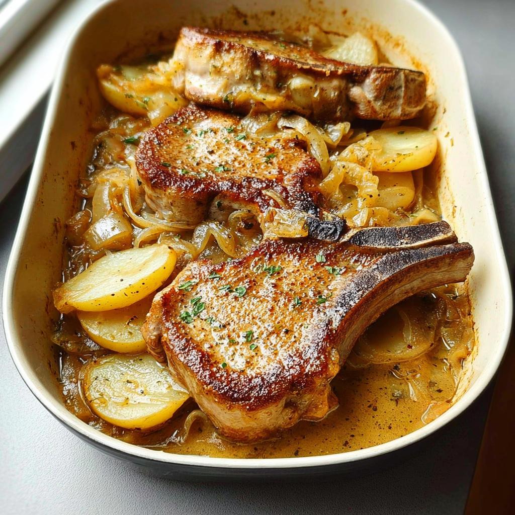 Three juicy, seared bone-in pork chops baked with sliced potatoes and onions in a savory sauce.