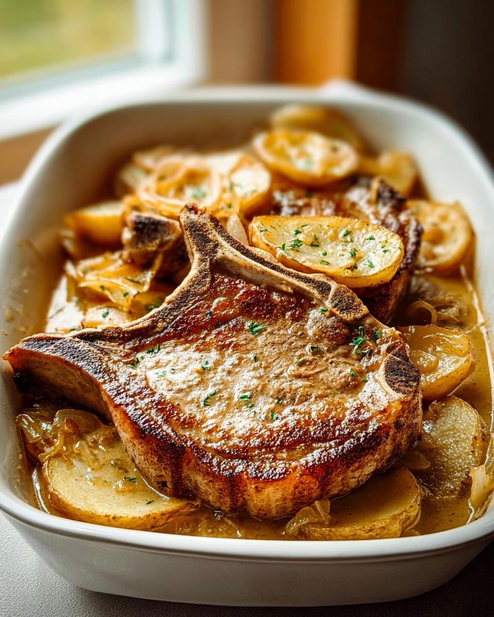 A perfectly seared bone-in pork chop nestled in a white baking dish with sliced potatoes and savory sauce, part of 25 Genius Pork Chops Recipes Ideas.
