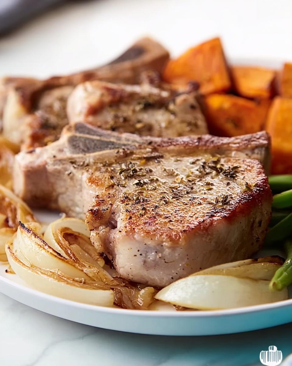 Close-up of a juicy, bone-in pork chops recipe cut, seasoned with herbs, served with caramelized onions and sweet potatoes.