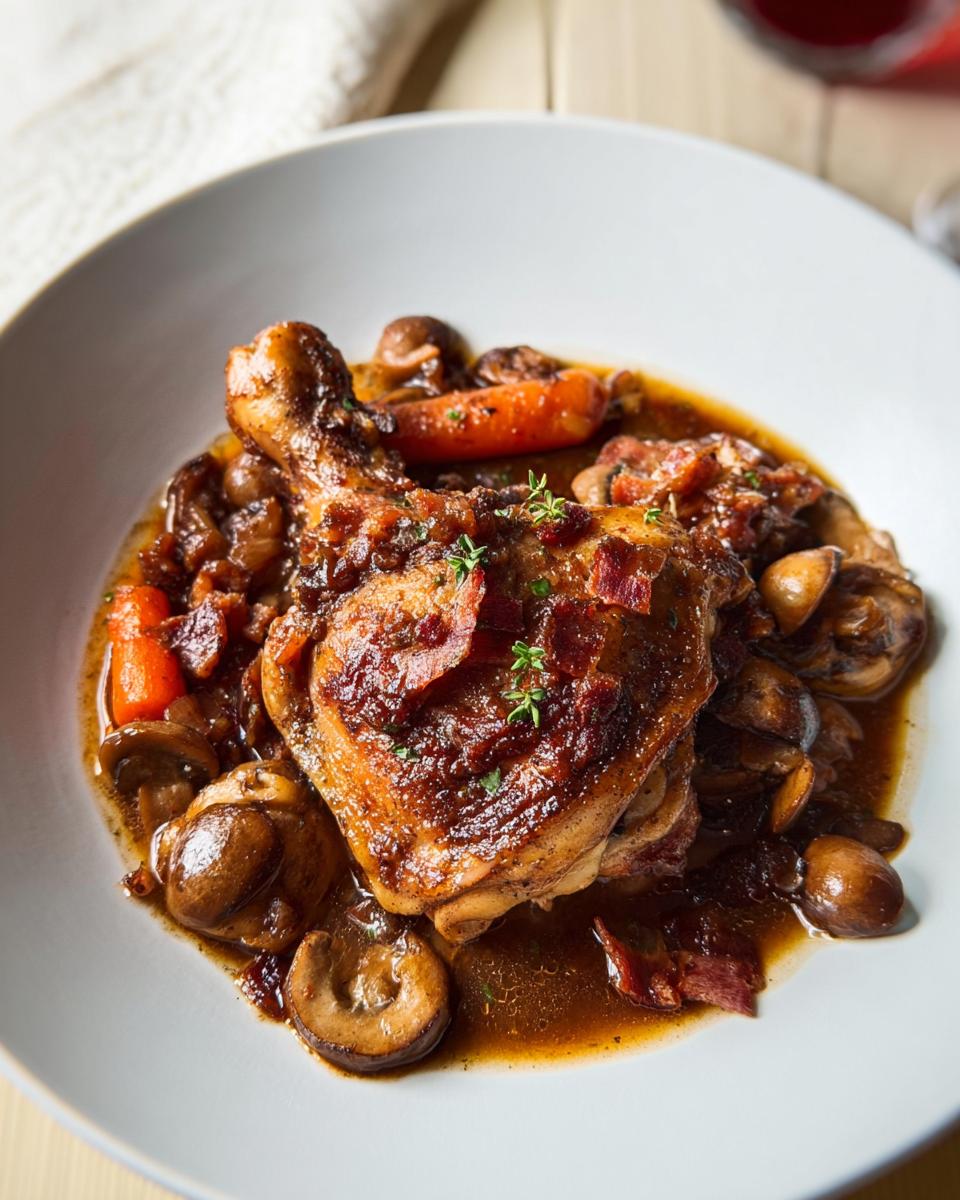 A perfectly cooked piece of braised chicken served in a rich brown sauce with mushrooms, carrots, and bacon, highlighting why everyone loves this chicken recipes.
