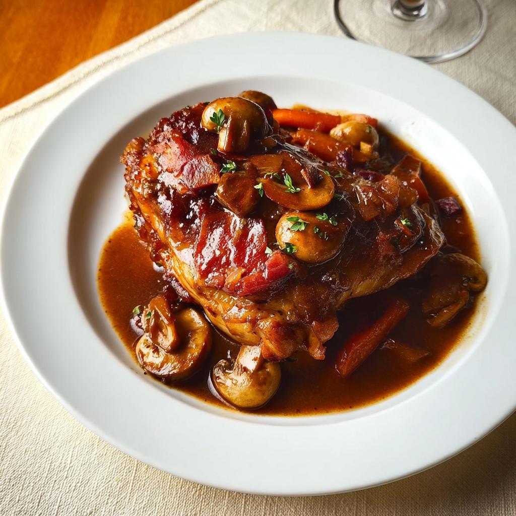A serving of rich, braised chicken recipe smothered in dark sauce, mushrooms, and bacon on a white plate.
