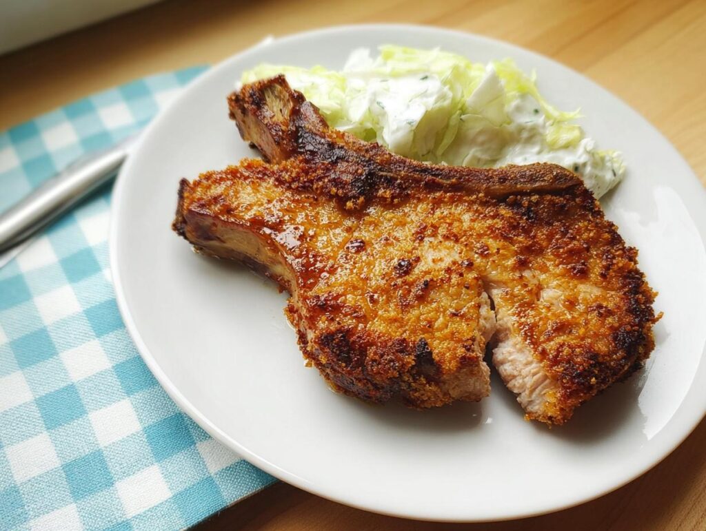 A golden brown, breaded pork chop served on a white plate next to a side of creamy coleslaw, highlighting the crispy texture of the pork chops recipes.