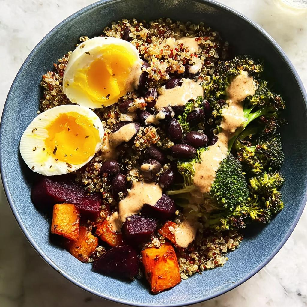 A vibrant breakfast ideas recipe bowl featuring quinoa, black beans, roasted vegetables, and soft-boiled eggs drizzled with dressing.
