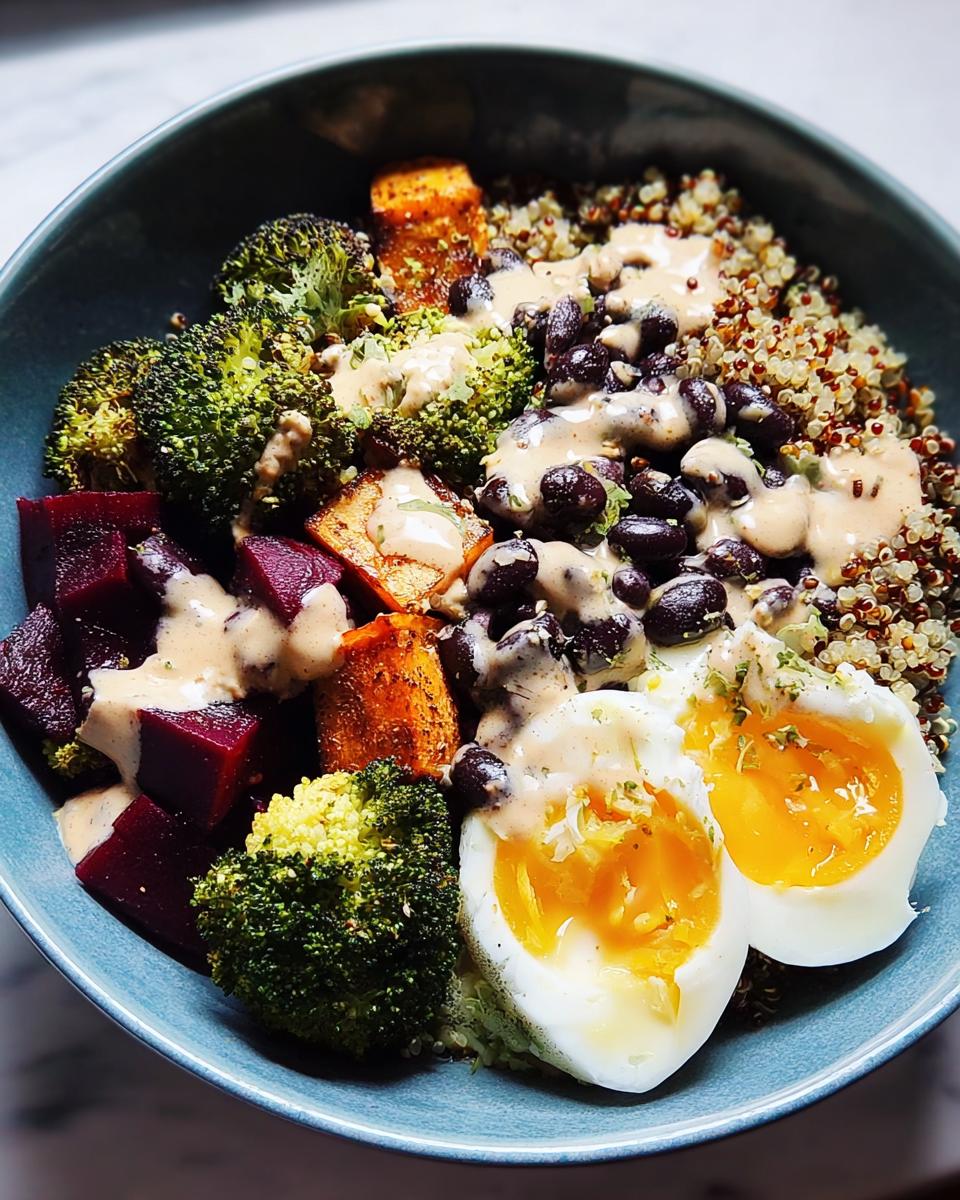 A colorful breakfast ideas recipe bowl featuring quinoa, black beans, roasted beets, broccoli, and soft-boiled eggs drizzled with sauce.