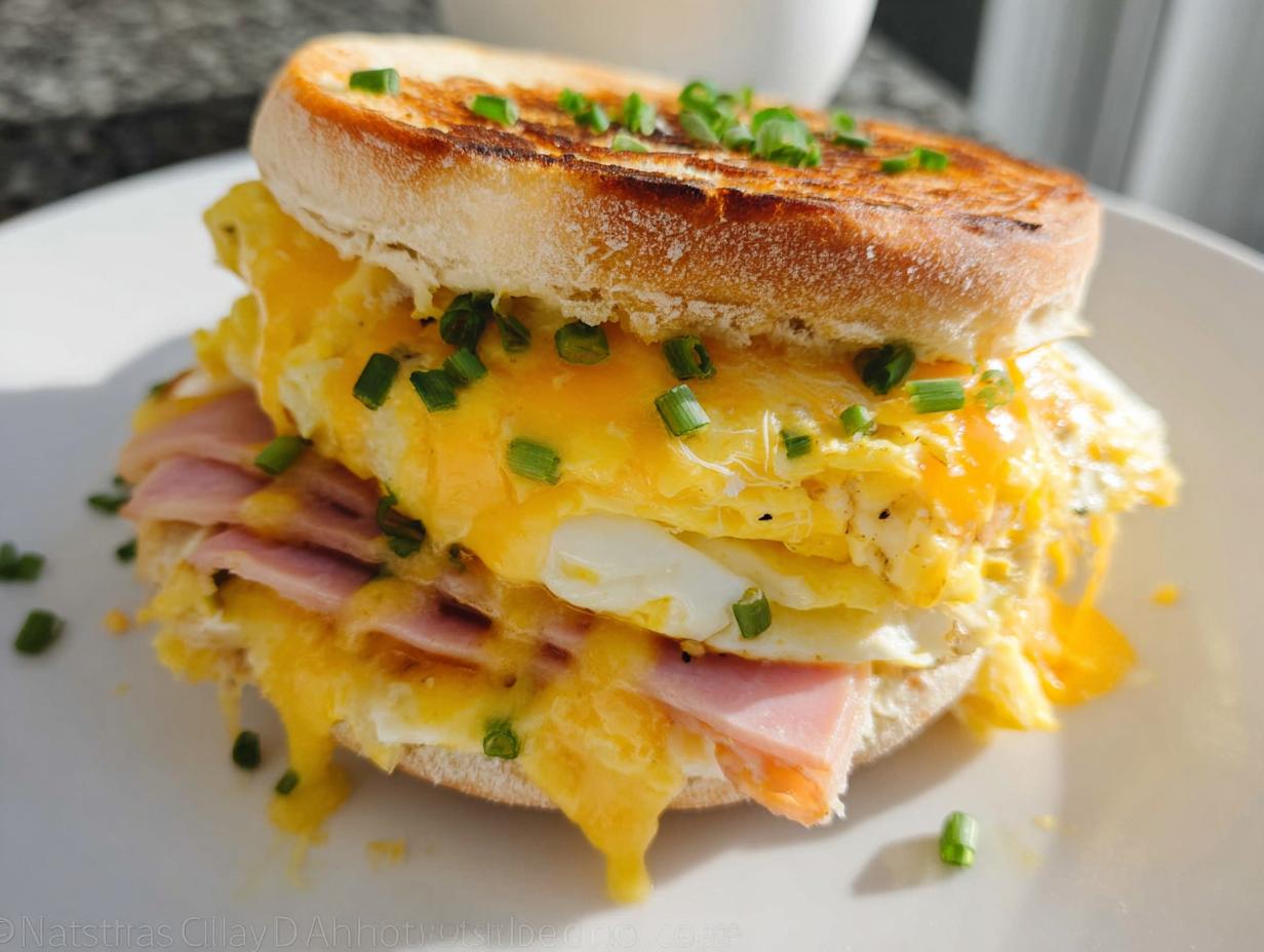 Close-up of a hearty breakfast sandwich with toasted English muffin, ham, melted cheddar cheese, and eggs, topped with chives.