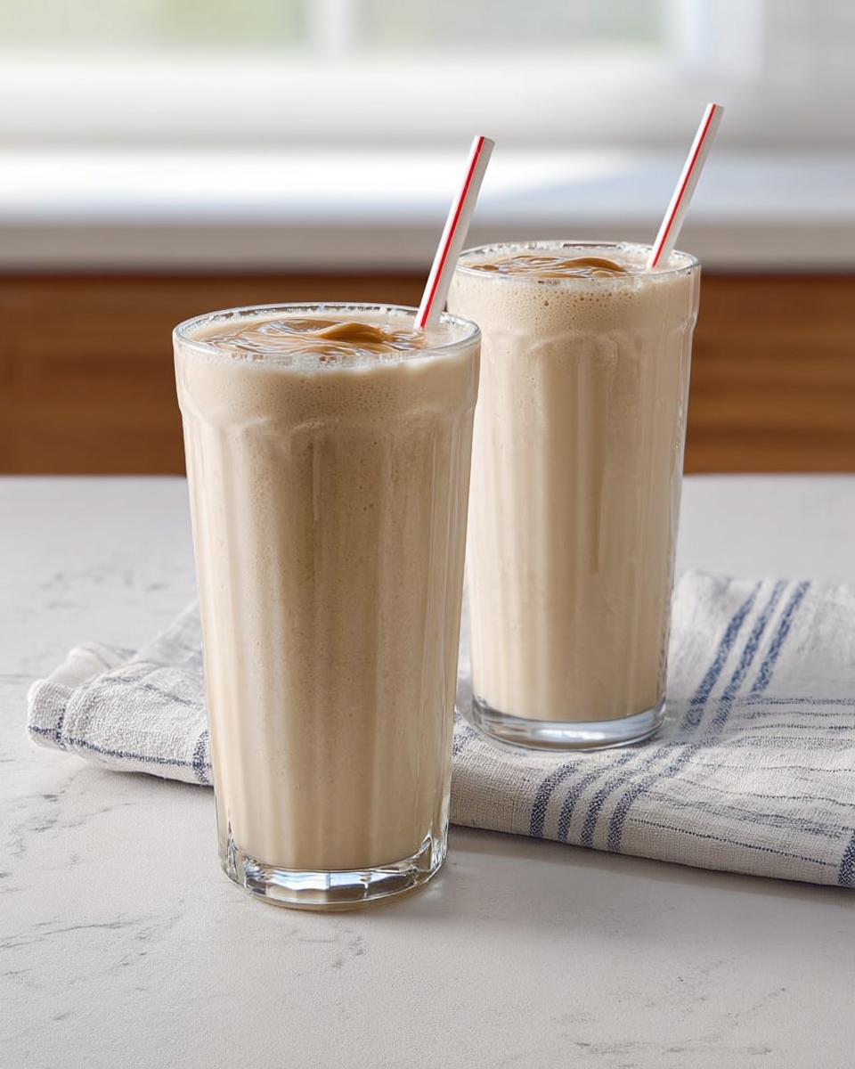 Two tall glasses of creamy, light brown breakfast smoothie with red and white striped straws.