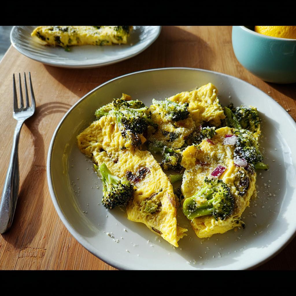 A bright yellow omelet filled with roasted broccoli and red onion, sprinkled with Parmesan cheese, one of 25 genius egg recipes.
