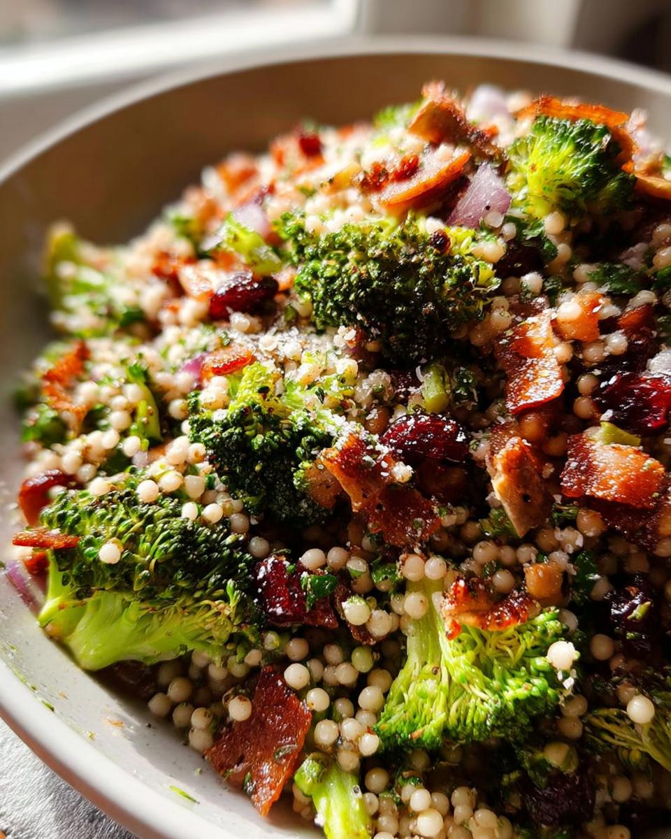 Close-up of a warm broccoli and Israeli couscous side dish with bacon and dried cranberries.