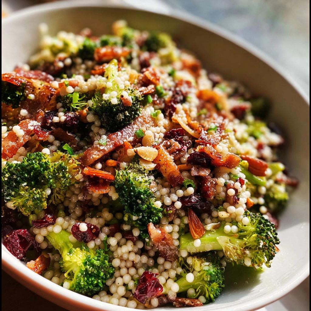 Close-up of a warm broccoli and Israeli couscous salad with bacon, dried cranberries, and nuts, a perfect veggie side.