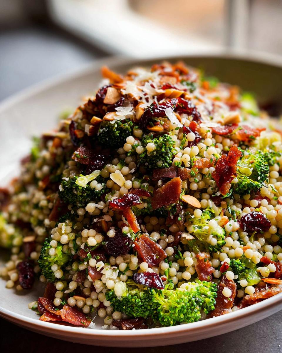 Close-up of a vibrant broccoli couscous salad with bacon, cranberries, and almonds, perfect for The Ultimate Veggie Sides Recipes Guide.