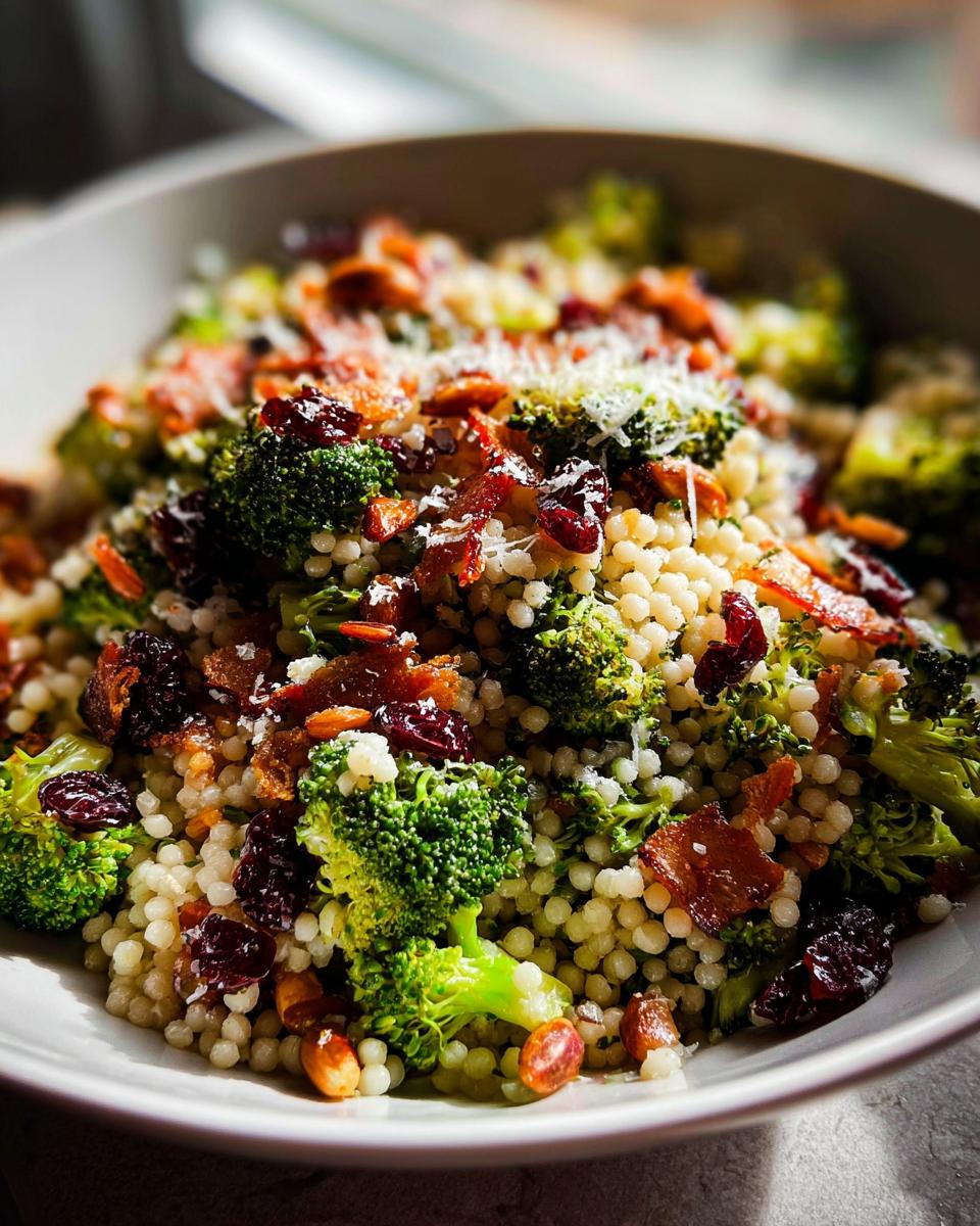 A vibrant bowl of broccoli couscous salad topped with bacon, dried cranberries, and Parmesan cheese, perfect for veggie sides recipes.