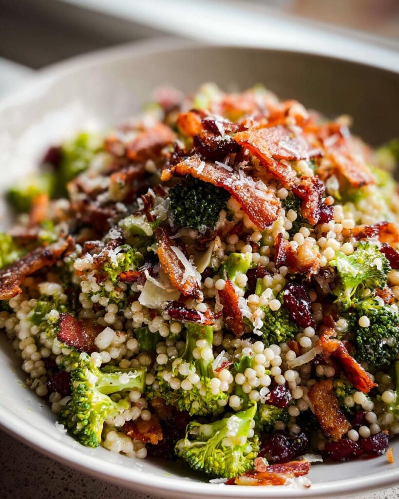 Close-up of a vibrant broccoli couscous salad topped with crispy bacon and Parmesan cheese, a great veggie sides recipe.