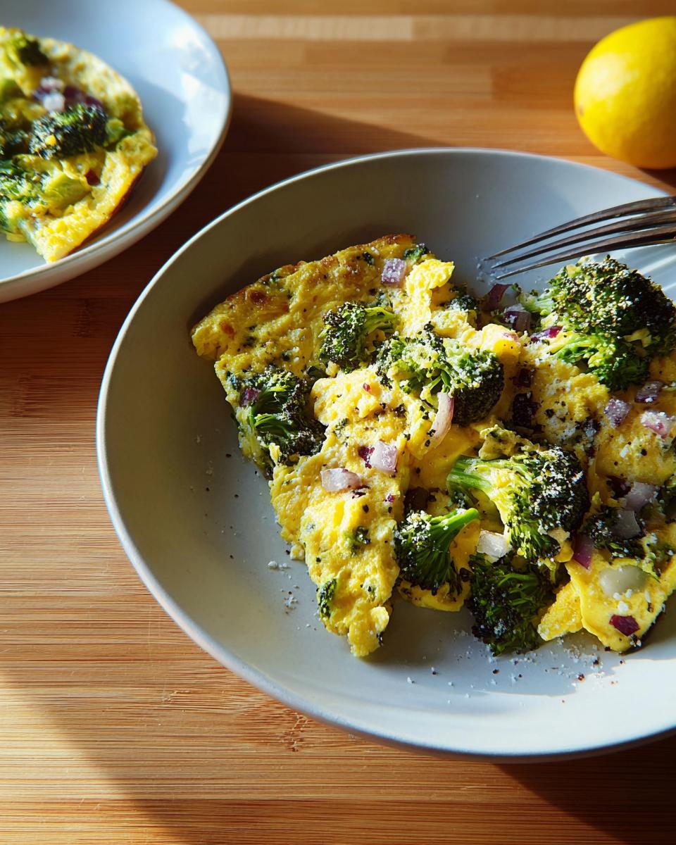 A portion of fluffy scrambled eggs with roasted broccoli florets and diced red onion, part of 25 Genius Egg Recipes Ideas for Busy Weeknights.