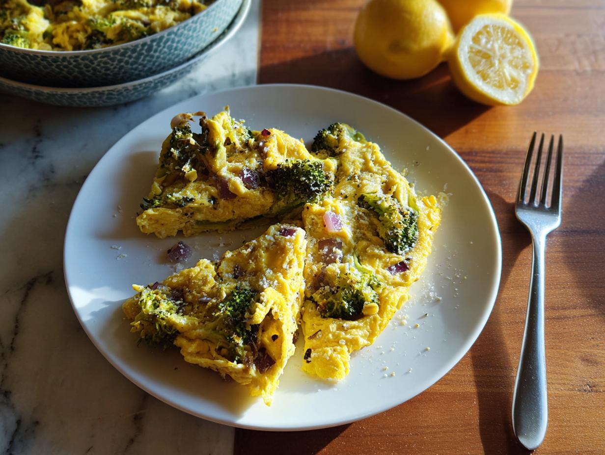 Two slices of a baked egg frittata with broccoli and red onion served on a white plate, part of 25 Genius Egg Recipes Ideas.