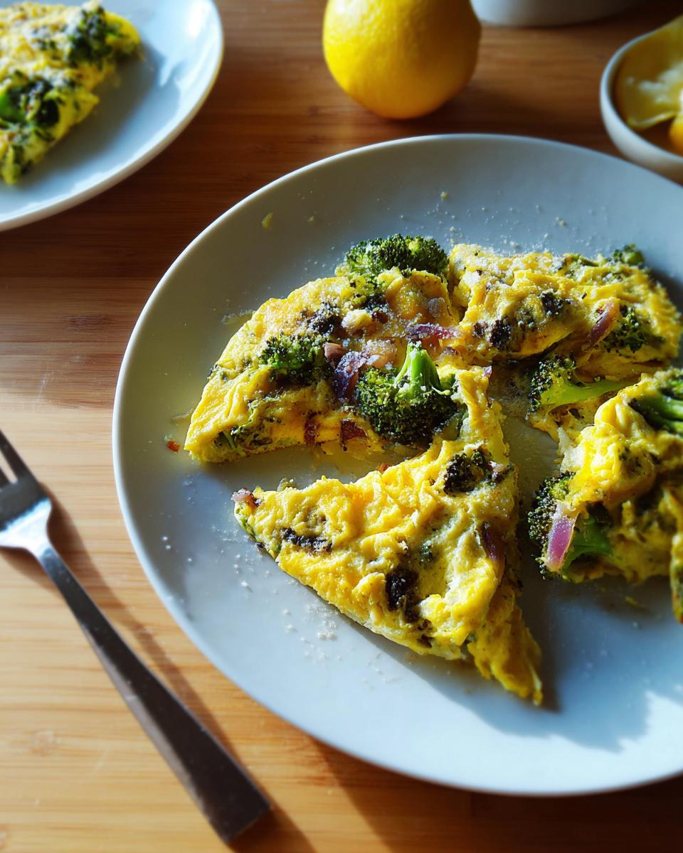 Slices of a bright yellow egg frittata with visible broccoli florets and red onion, sprinkled with cheese, part of 25 Genius Egg Recipes Ideas for Busy Weeknights.