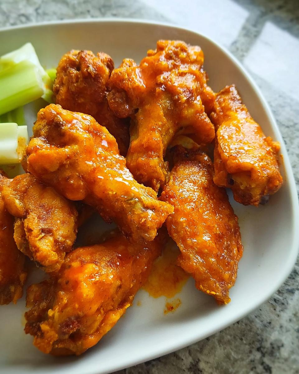 Close-up of saucy, bright orange Buffalo chicken wings served with celery sticks on a white plate.