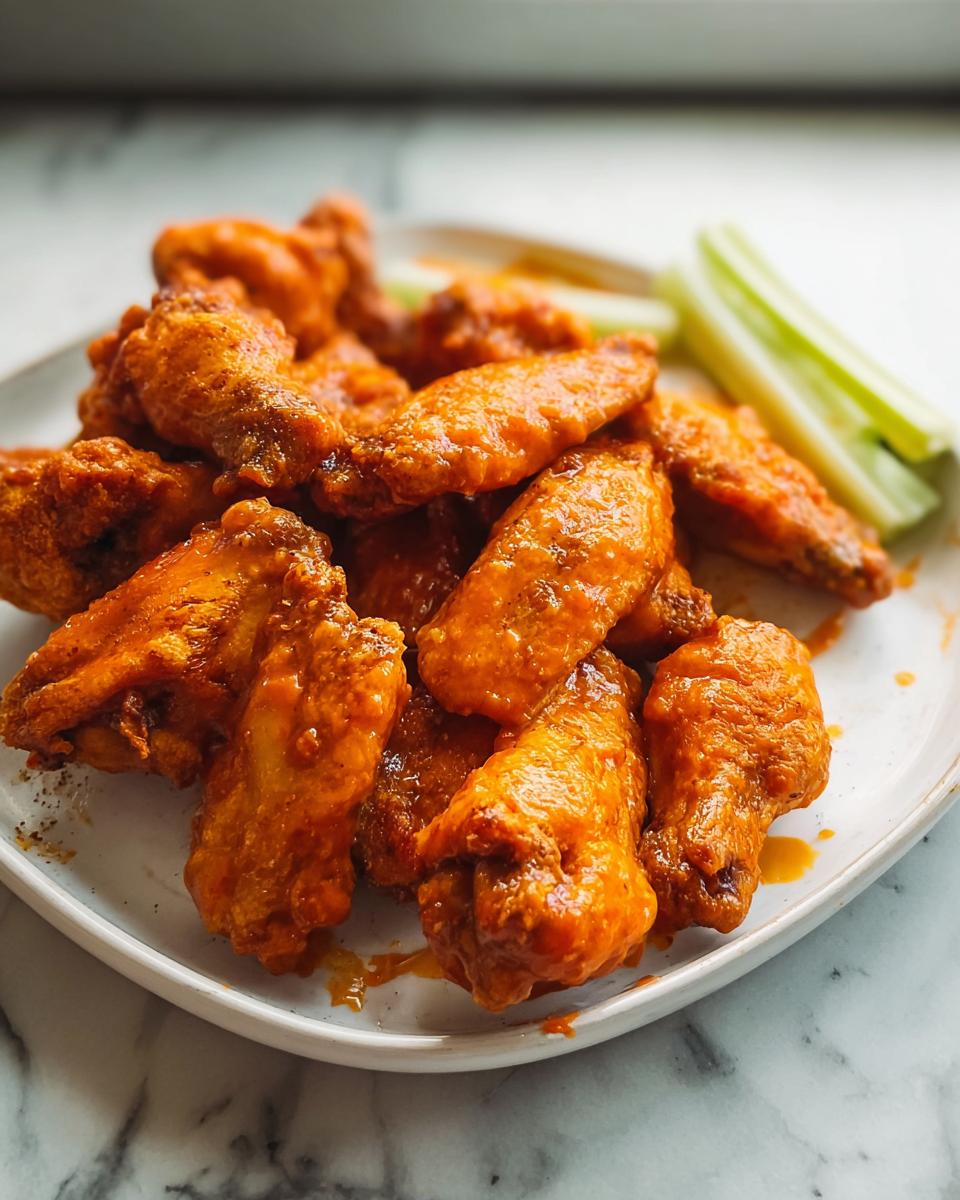 A plate piled high with saucy, bright orange Buffalo chicken wings served with celery sticks.