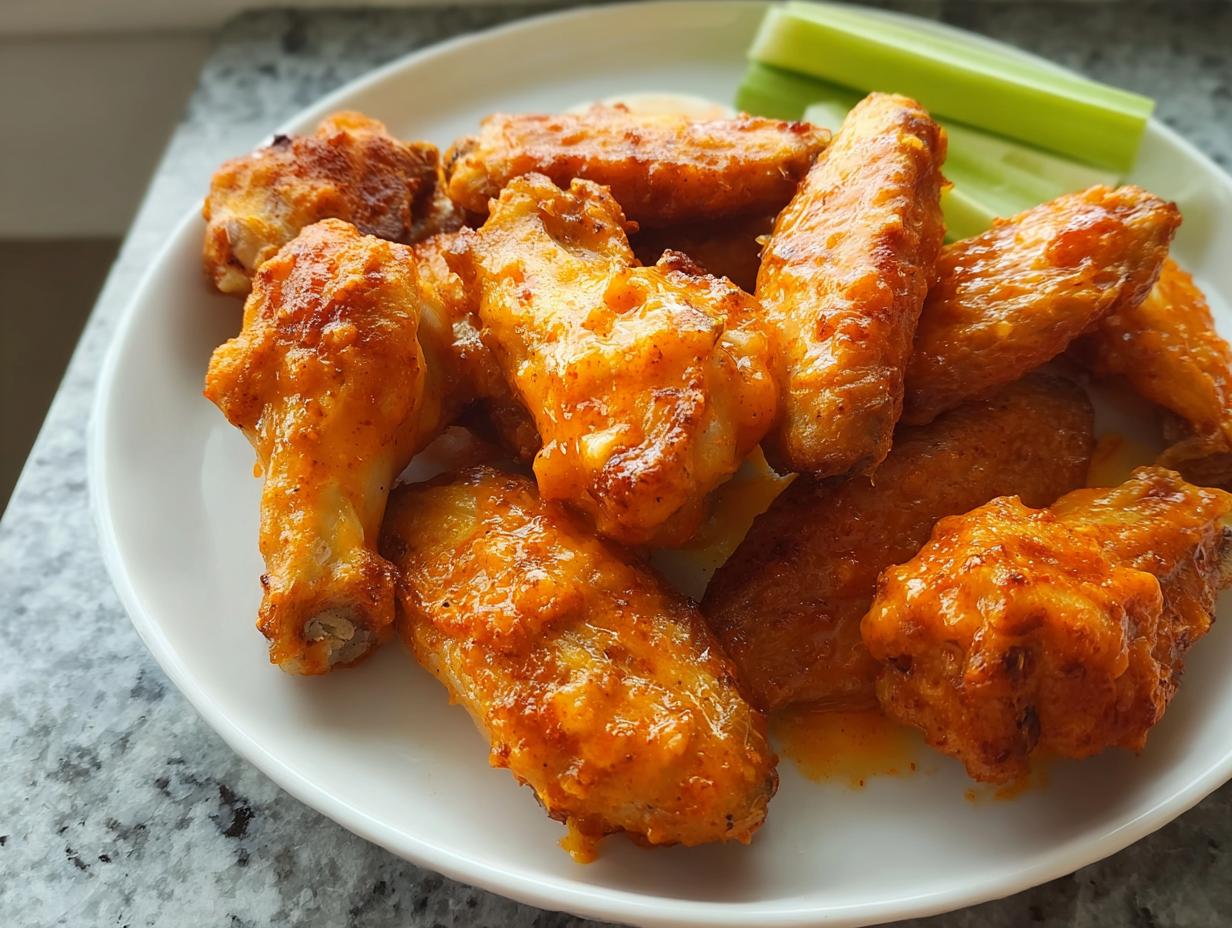 A plate of saucy, orange buffalo style chicken wings served with celery sticks, perfect for busy weeknights.