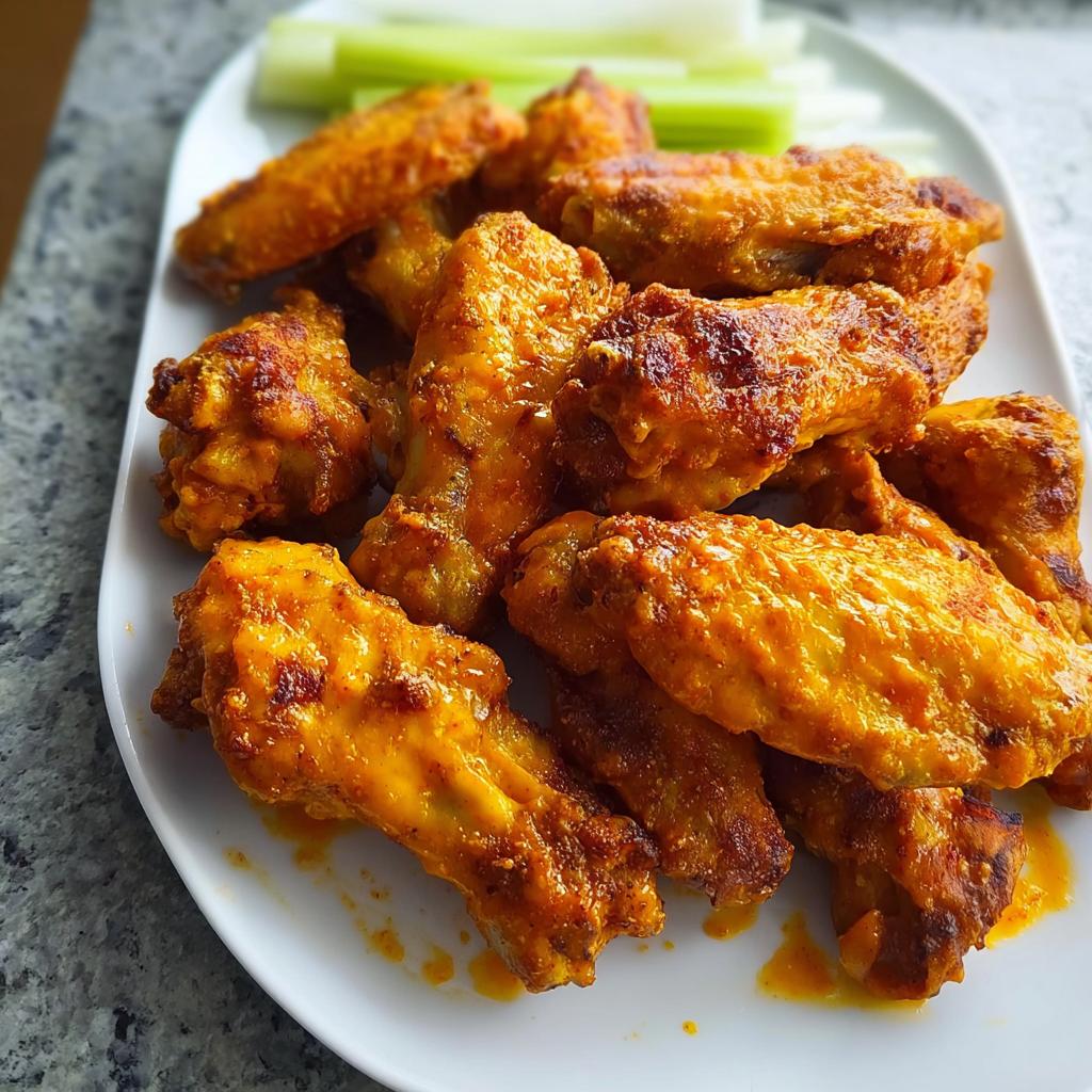 A plate piled high with crispy, saucy buffalo style chicken wings, served with celery sticks.