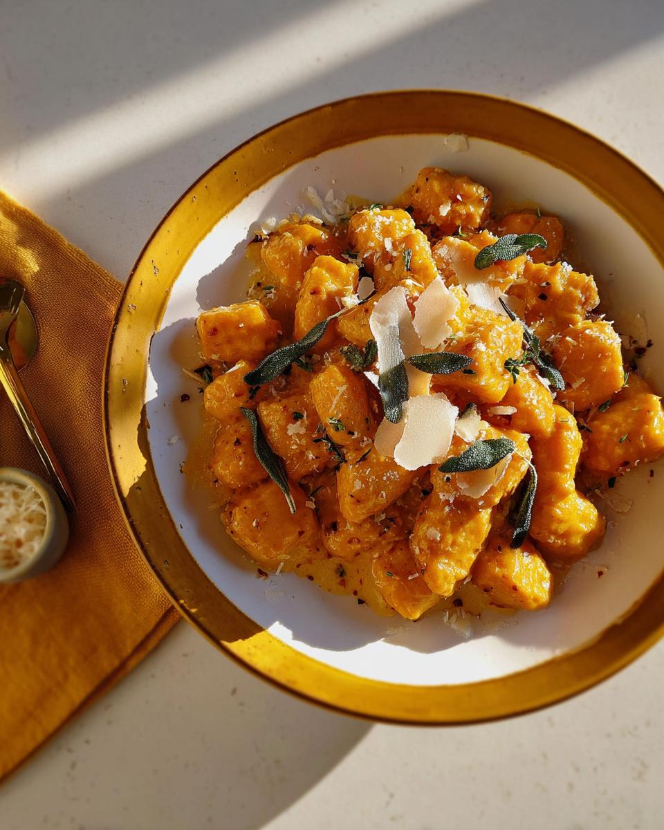 A bowl of bright orange butternut squash gnocchi topped with sage and Parmesan shavings, perfect for make-ahead tips.