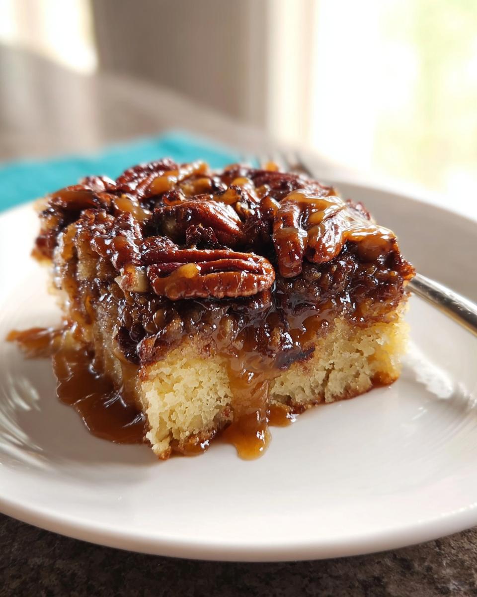 A square slice of buttery cake topped with sticky caramel and whole pecans, one of the 15 Genius Cake Ideas Recipes.