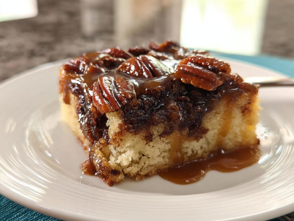 Close-up of a slice of caramel pecan cake, one of the 15 Genius Cake Ideas Recipes Ideas for Busy Weeknights.