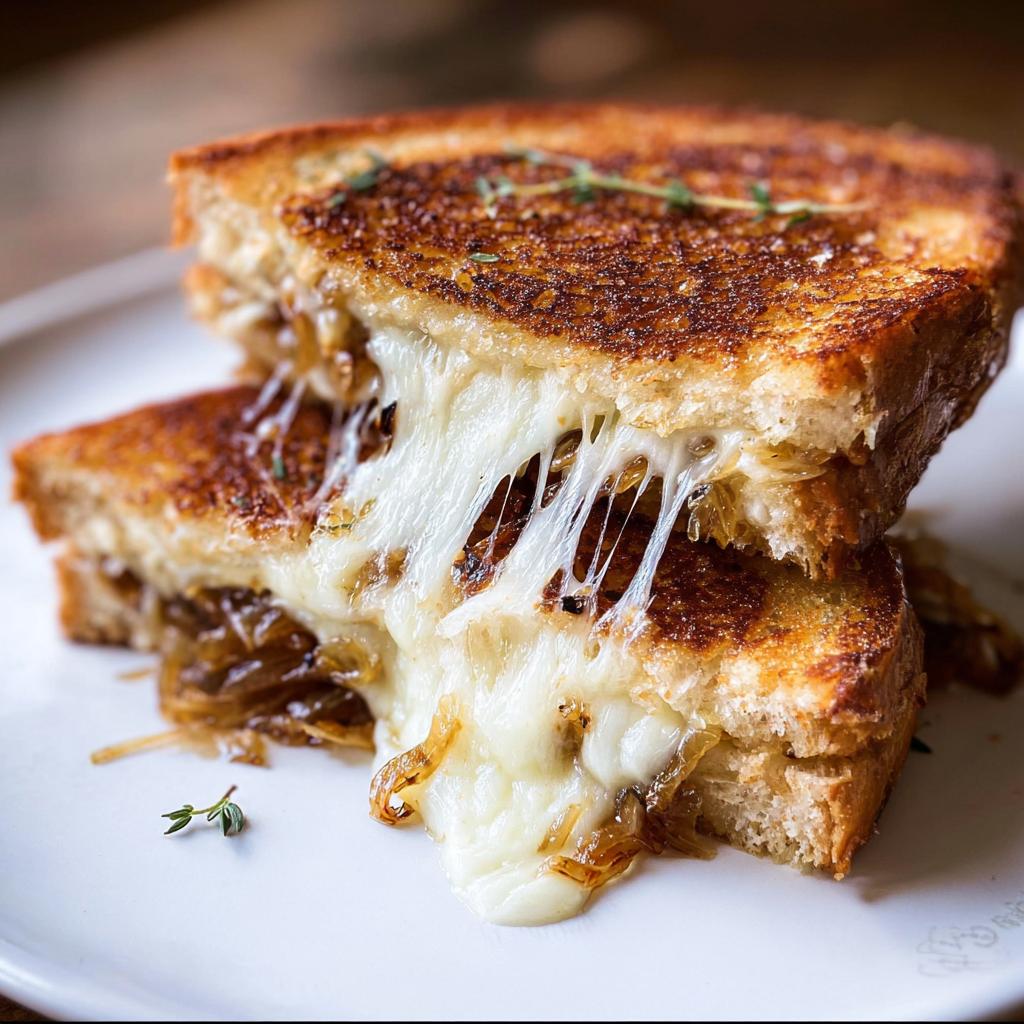 A perfectly toasted Grilled Cheese Recipes Meal Prep sandwich cut in half, showing a dramatic cheese pull and caramelized onions.