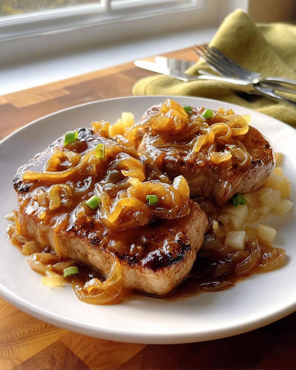 Two seared pork chops topped with rich, caramelized onions and green onion garnish, part of 10-Ingredient Pork Chops Recipes.