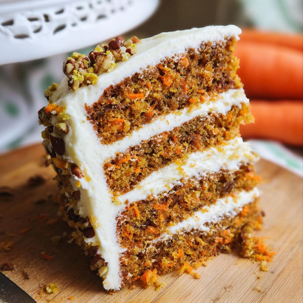 Close-up of a tall, four-layer slice of carrot cake recipe with thick cream cheese frosting and chopped nuts.