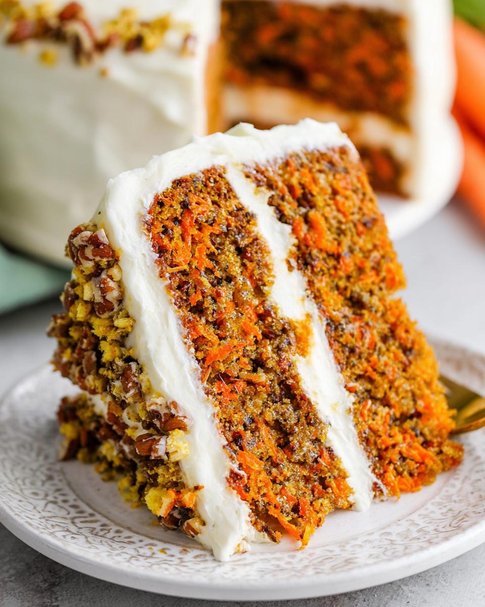 Close-up of a rich slice of carrot cake recipe with thick cream cheese frosting and chopped pecans.