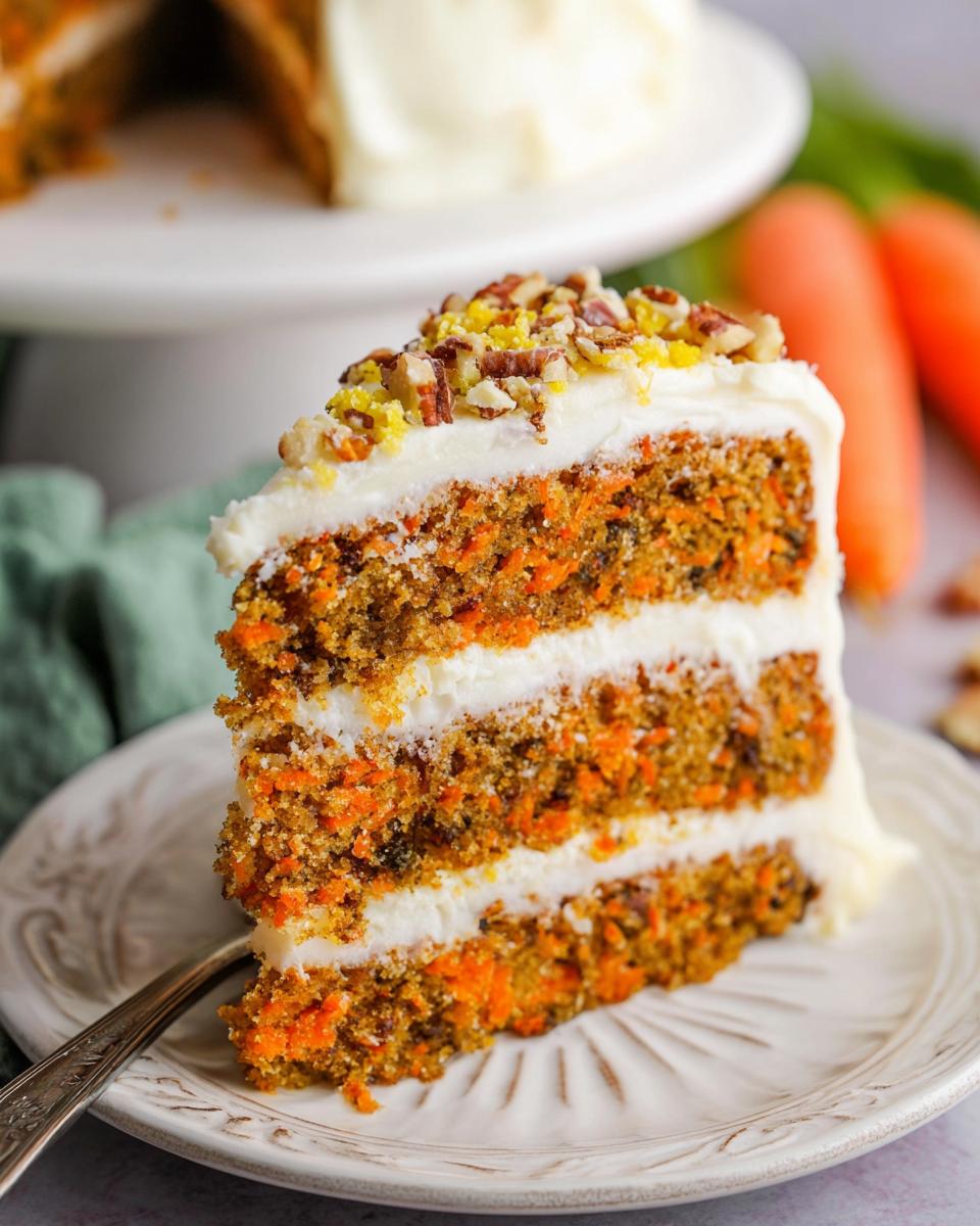 A decadent slice of three-layer carrot cake with cream cheese frosting, topped with pecans and zest, illustrating the only cake ideas recipes recipe.