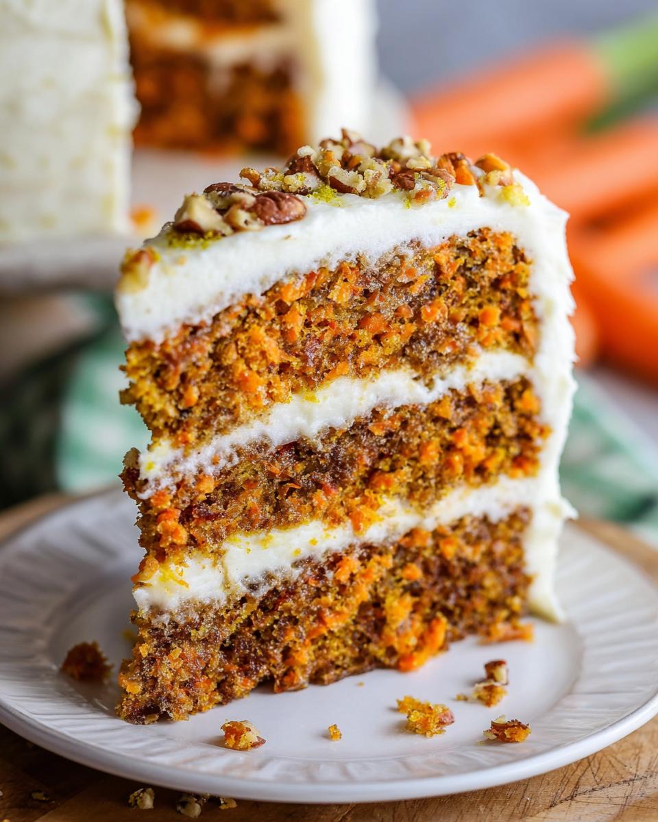 A tall slice of three-layer carrot cake with cream cheese frosting, topped with pecans, illustrating one of the best cake ideas recipes.
