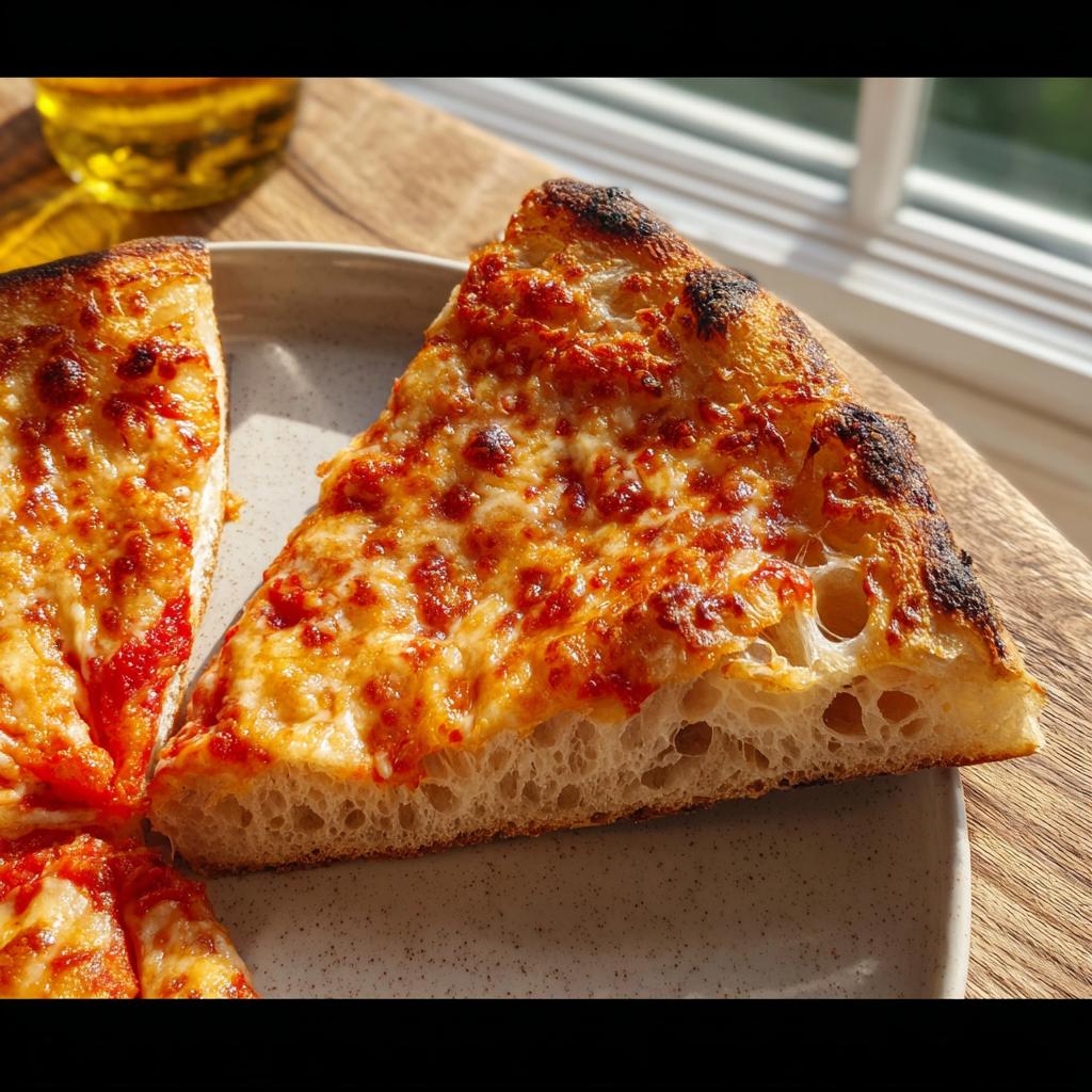 Close-up of a thick, airy crust slice of cheese pizza, highlighting the bubbly, charred edges and melted cheese.