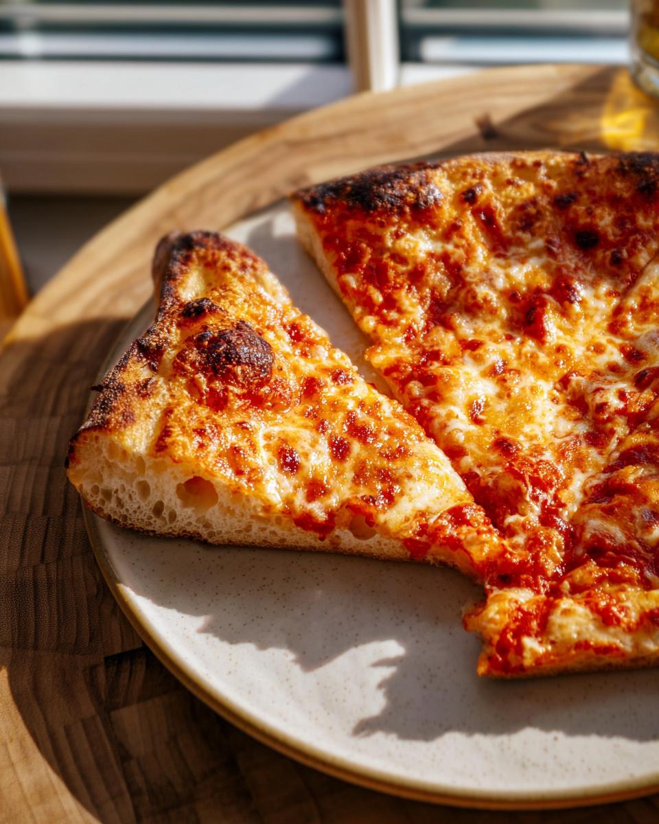 Two slices of classic cheese pizza with bubbly, browned mozzarella, perfect for Pizza Night Recipes.