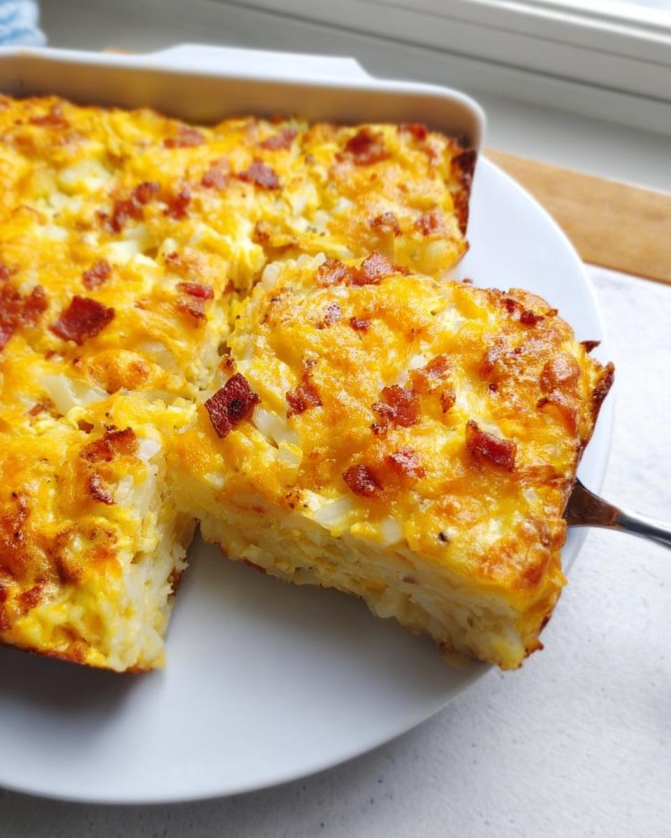 A square slice of cheesy baked egg and potato casserole topped with bacon, perfect for Restaurant-Style Breakfast Ideas Recipes at Home.