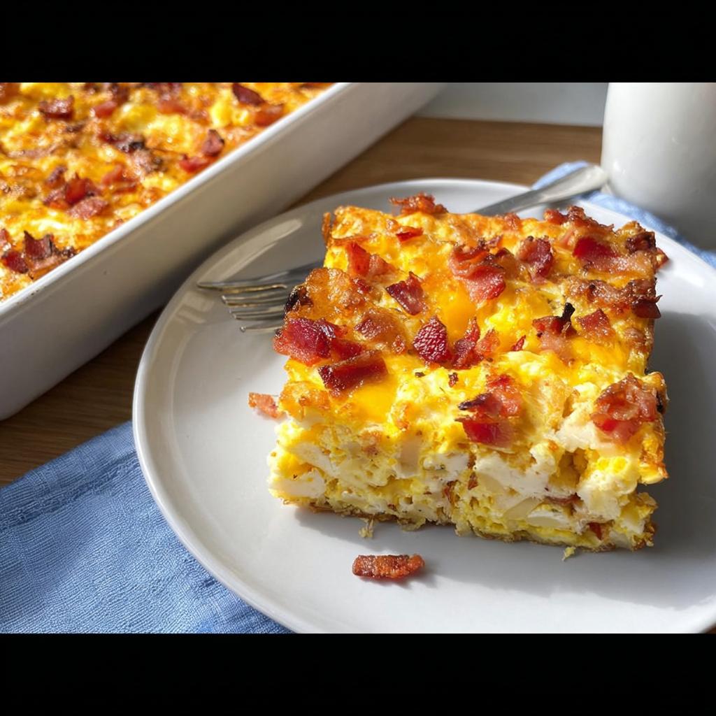 A slice of cheesy bacon egg casserole served on a white plate, perfect for breakfast ideas recipes.